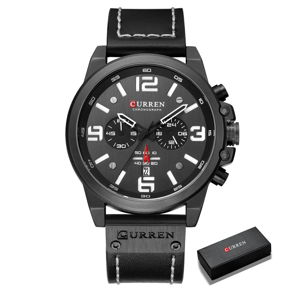 CURREN Luxus Chronograph Quarz-Uhr für Herren mit Lederarmband (Schwarz-Weiß)