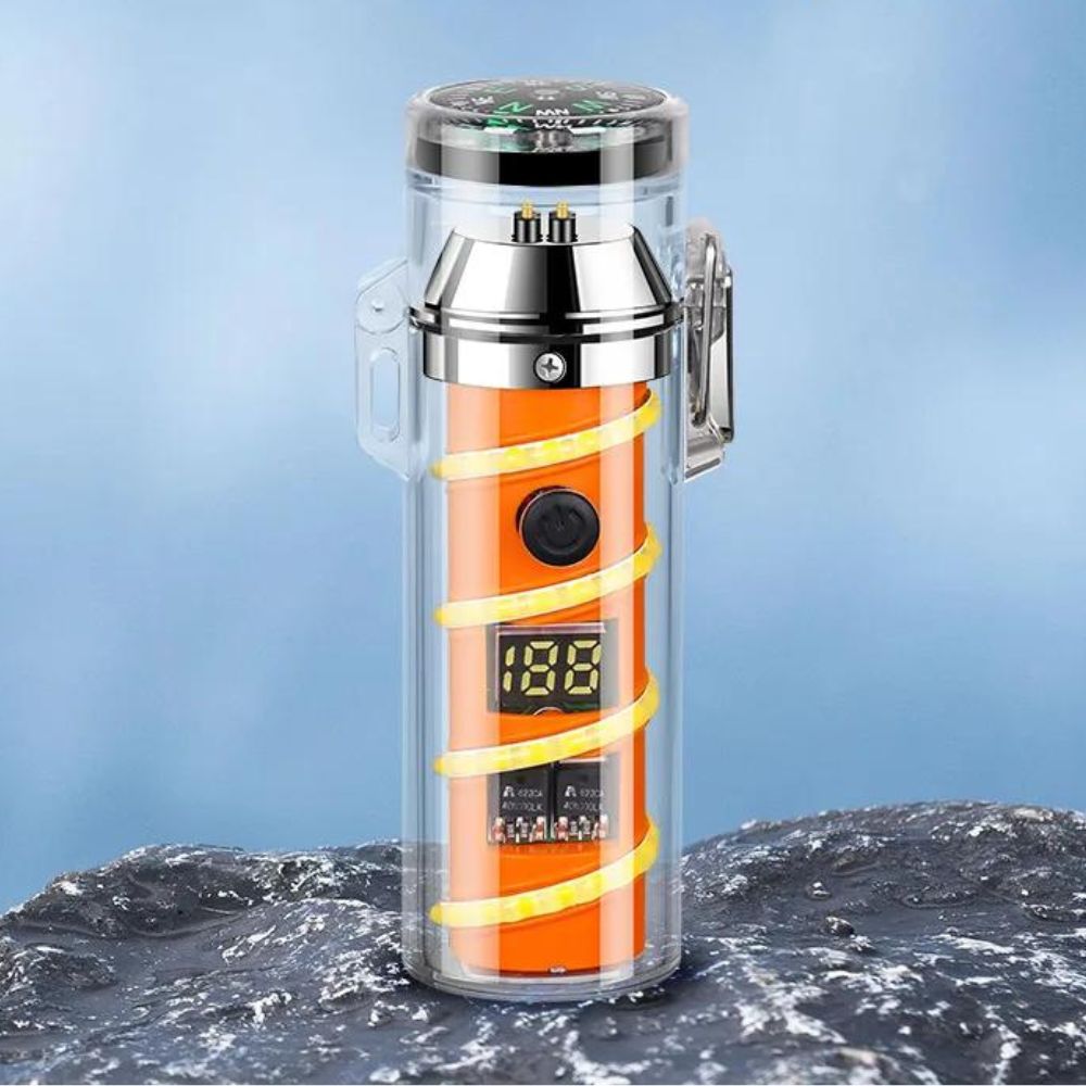 USB-Wiederaufladbares Feuerzeug mit LED-Taschenlampe, Kompass und Winddichtem Lichtbogen - Orange