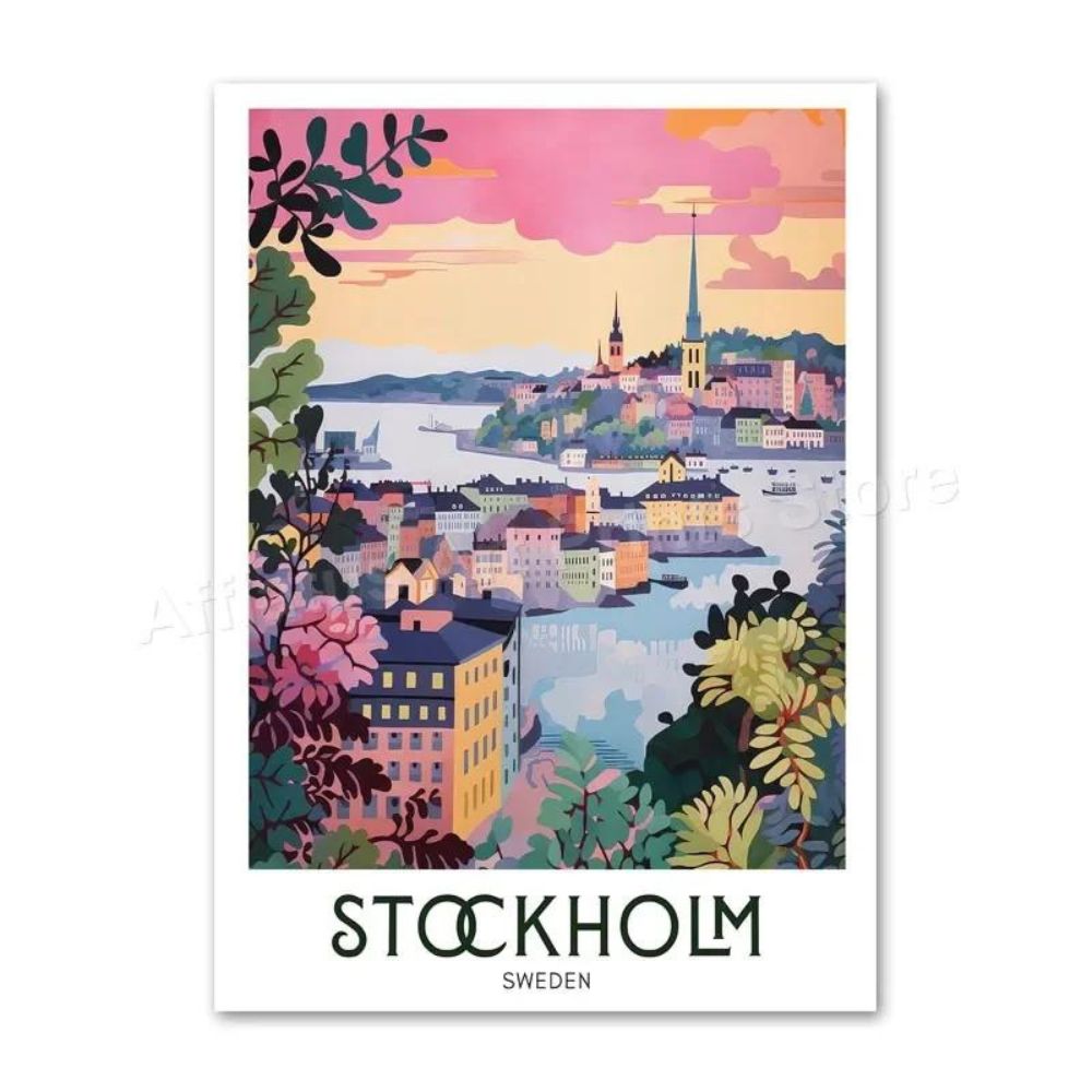 Weltstädte Retro Reise-Poster | Leinwanddruck, Ästhetische Wanddekoration ohne Rahmen (Stockholm - Schweden)