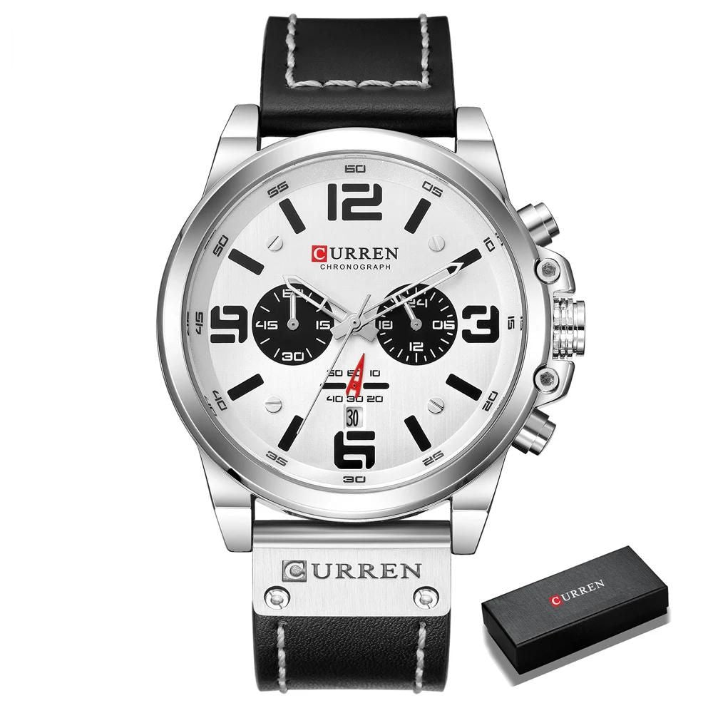 CURREN Luxus Chronograph Quarz-Uhr für Herren mit Lederarmband (Silber-Weiß)