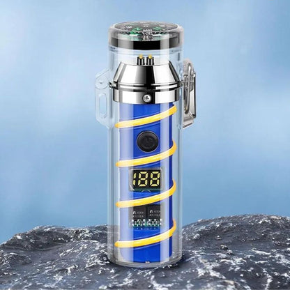 USB-Wiederaufladbares Feuerzeug mit LED-Taschenlampe, Kompass und Winddichtem Lichtbogen - Blau