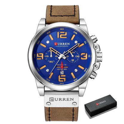CURREN Luxus Chronograph Quarz-Uhr für Herren mit Lederarmband (Silber-Blau)