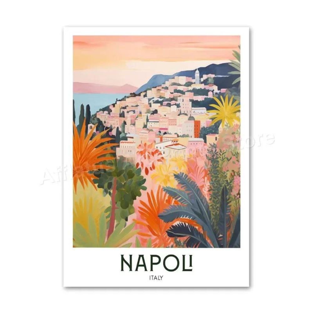 Weltstädte Retro Reise-Poster | Leinwanddruck, Ästhetische Wanddekoration ohne Rahmen (Napoli - Italien)