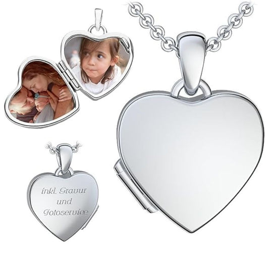 Amoonic LITTLE LOVE Medaillon Herz 925 Silber & Vergoldet | Halskette 38cm mit Foto-Upload & Gravur | Schmuck Geschenk für Mädchen