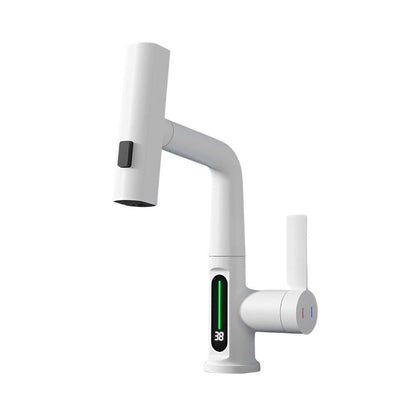 LED-Digitalanzeige Wasserfall Küchenarmatur: 3-in-1 Schwenkbarer Auslauf | Höhenverstellbar - Warm & Kalt Schalter (Weiß)