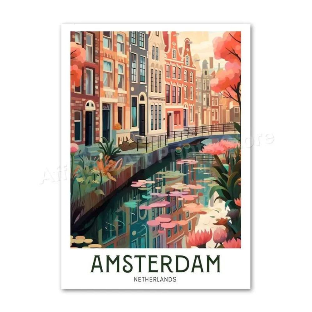 Weltstädte Retro Reise-Poster | Leinwanddruck, Ästhetische Wanddekoration ohne Rahmen (Amsterdam - Niederlande)