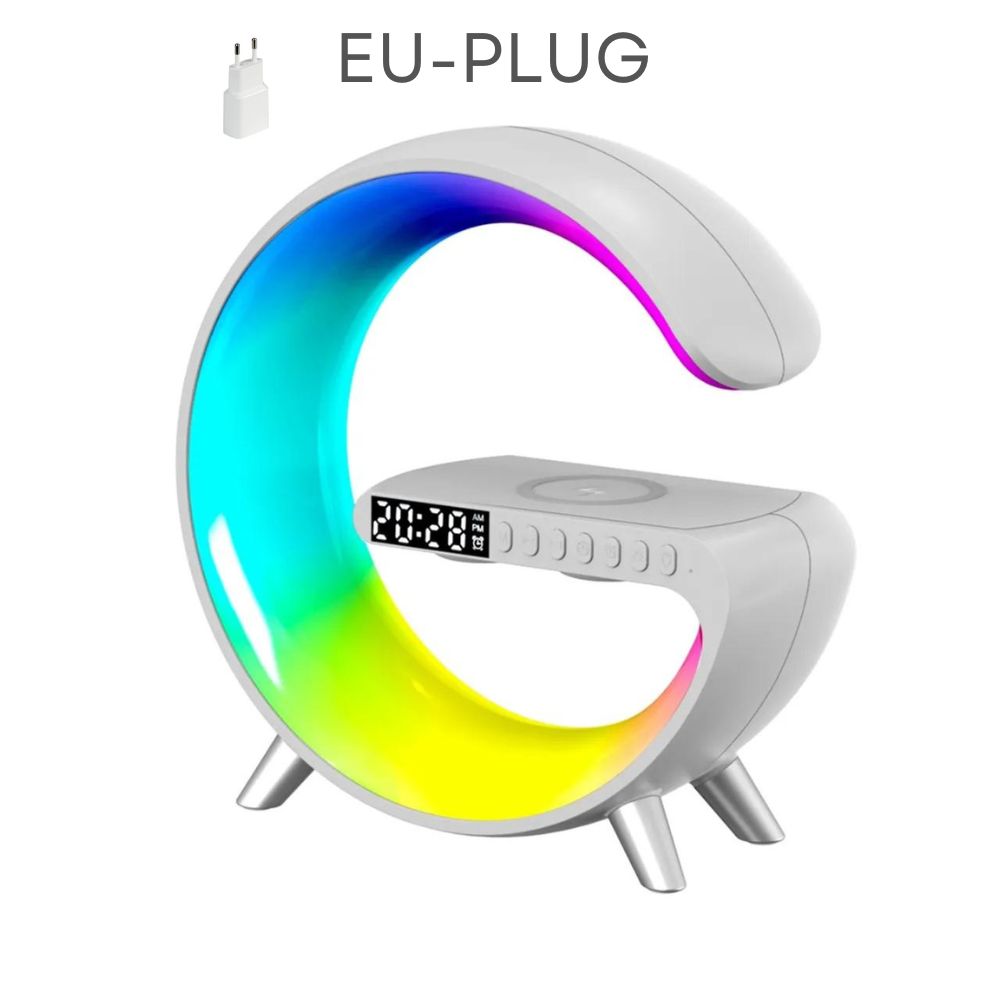 Multifunktionale Stimmungslicht mit Wecker | Lautsprecher, APP-Steuerung und RGB-Licht, Schnellladefunktion - EU Plug - 18W Charger - Weiß