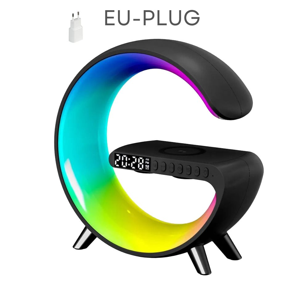 Multifunktionale Stimmungslicht mit Wecker | Lautsprecher, APP-Steuerung und RGB-Licht, Schnellladefunktion - EU Plug - 18W Charger - Schwarz