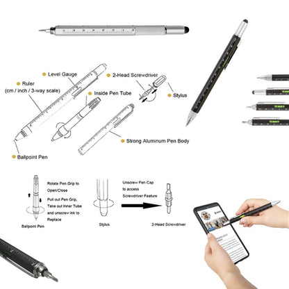 6-in-1 Multifunktionsstift: Stylus-Touch Pen, Schraubendreher (Schlitz + Kreuzschlitz), Lineal, Wasserwaage, Kugelschreiber