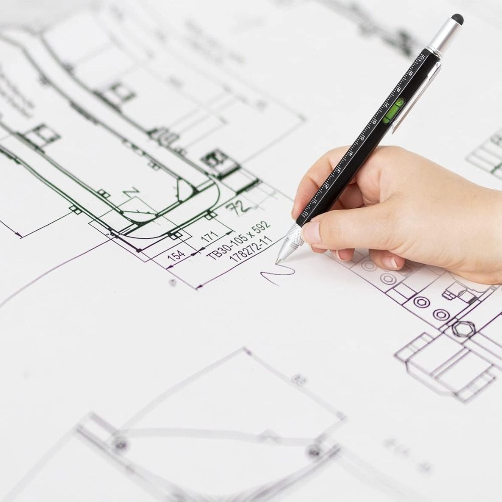 6-in-1 Multifunktionsstift: Stylus-Touch Pen, Schraubendreher (Schlitz + Kreuzschlitz), Lineal, Wasserwaage, Kugelschreiber