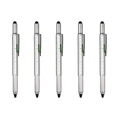 6-in-1 Multifunktionsstift: Stylus-Touch Pen, Schraubendreher (Schlitz + Kreuzschlitz), Lineal, Wasserwaage, Kugelschreiber (5 Stück) Silber