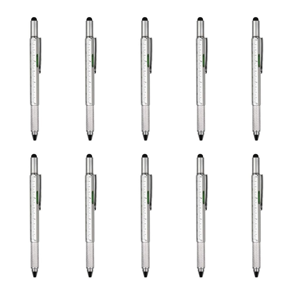 6-in-1 Multifunktionsstift: Stylus-Touch Pen, Schraubendreher (Schlitz + Kreuzschlitz), Lineal, Wasserwaage, Kugelschreiber (10 Stück) Silber