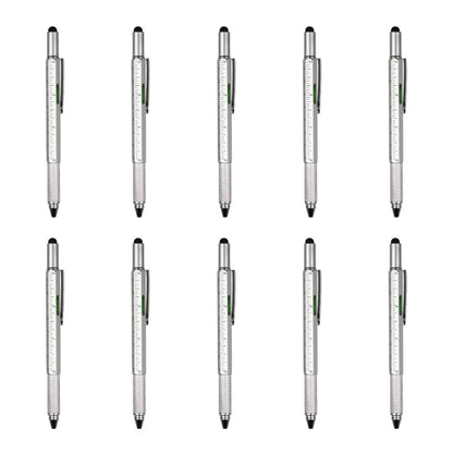 6-in-1 Multifunktionsstift: Stylus-Touch Pen, Schraubendreher (Schlitz + Kreuzschlitz), Lineal, Wasserwaage, Kugelschreiber (10 Stück) Silber