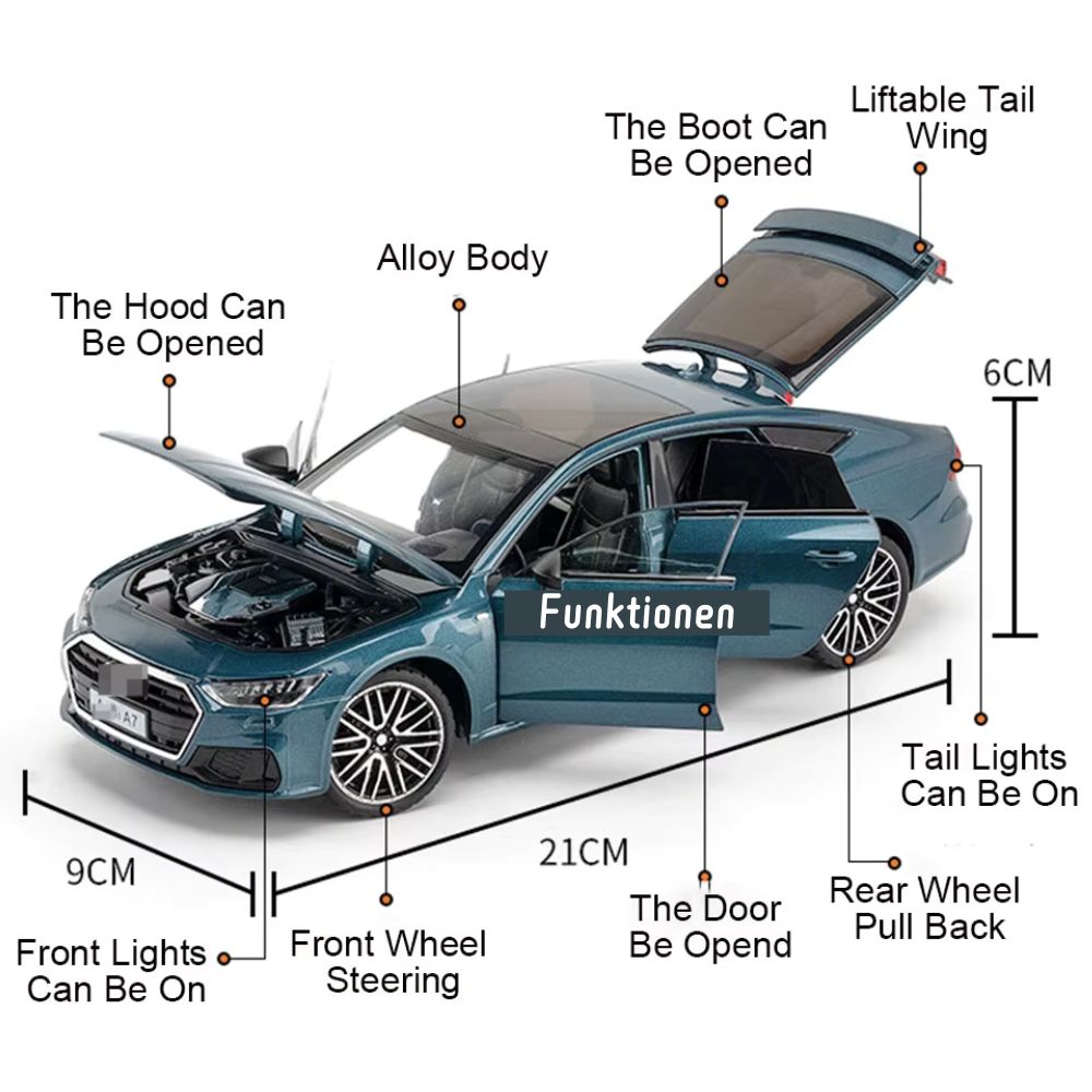 Audi A7 Modellauto (1:24) mit Rückzieh-Funktion, Lenkbare Vorderräder, Licht- & Soundeffekte