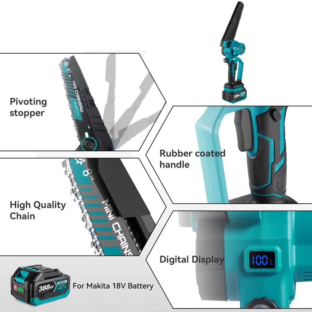 YOFIDRA 8"Zoll Bürstenlose Akku-Kettensäge (EU-Plug) mit Komplett-Set | 3500W, 40000rpm