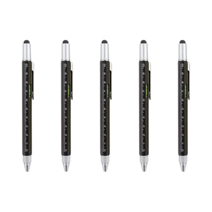 6-in-1 Multifunktionsstift: Stylus-Touch Pen, Schraubendreher (Schlitz + Kreuzschlitz), Lineal, Wasserwaage, Kugelschreiber (5 Stück) Schwarz