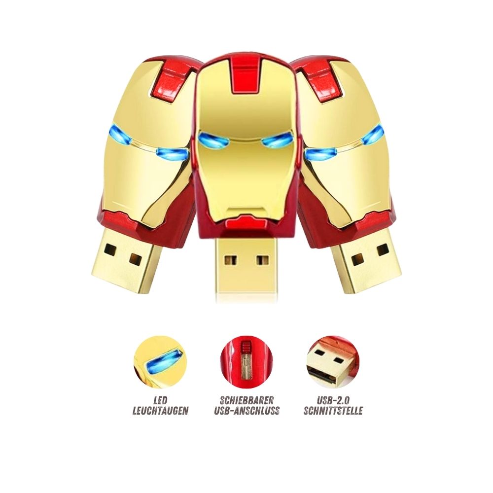 Iron Man Mask USB 2.0 Flash Drive 64GB aus Metall mit LED-Leuchtaugen, Wasserdicht, Geschenkidee