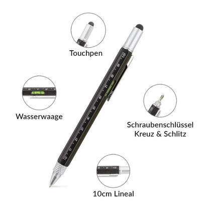 6-in-1 Multifunktionsstift: Stylus-Touch Pen, Schraubendreher (Schlitz + Kreuzschlitz), Lineal, Wasserwaage, Kugelschreiber