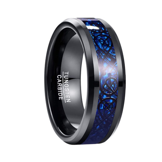Schwarzer Wolfram-Ring mit keltischen Drachen für Männer: Blau Kohlefaser Poliert (8mm)