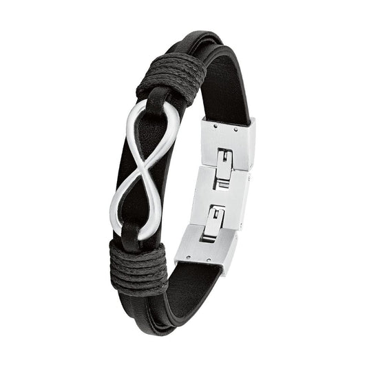 s.Oliver 'Infinity' Leder-Edelstahl Armband für Herren in Schwarz (Länge: 20-21,5cm)