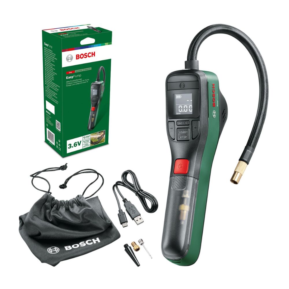 Bosch 'EasyPump' Elektrische Mini-Luftpumpe: Autostop-Funktion, LED, USB-Aufladung