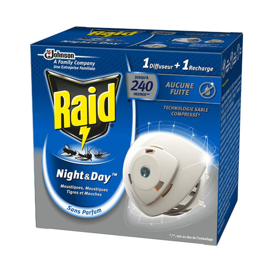 Raid Night & Day Elektrischer Flüssigkeitsdiffusor gegen Fliegen, Mücken und Tigermücken