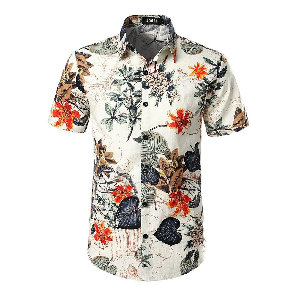 JOGAL Kurzarm Hawaiihemd für Herren: Floral Blumenmuster mit Stehkragen
