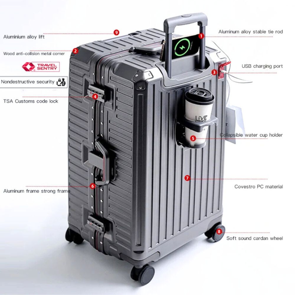 Multifunktionaler Hartschalen Trolley-Koffer mit Becherhalter, USB, TSA-Schloß