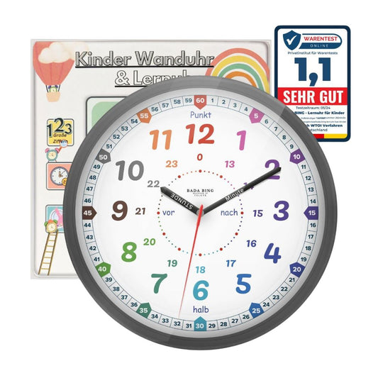 Bada Bing Montessori Wanduhr für Kinder mit bruchfeste Acrylglasscheibe: Lernuhr ohne Tickgeräusche