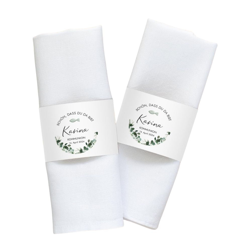 12x KOMMUNION Servietten Banderole personalisiert (21x6,5cm) mit Eukalyptus Greenery Design