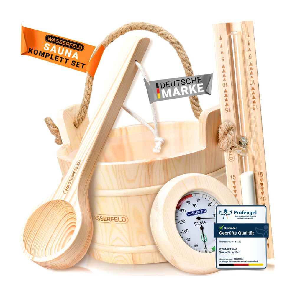WASSERFELD® Sauna Eimer-Set (4 Liter) mit Kelle, Sanduhr, Thermo- & Hygrometer | Hitzebeständig