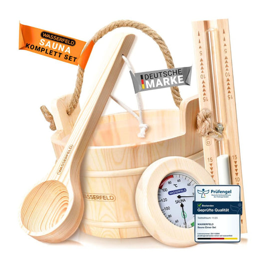 WASSERFELD® Sauna Eimer-Set (4 Liter) mit Kelle, Sanduhr, Thermo- & Hygrometer | Hitzebeständig