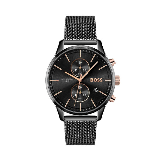 BOSS Chronograph Quarz Uhr für Herren (1513811) mit schwarzes Edelstahl-Mesh-Gliederarmband