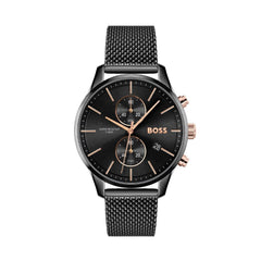 BOSS Chronograph Quarz Uhr für Herren (1513811) mit schwarzes Edelstahl-Mesh-Gliederarmband