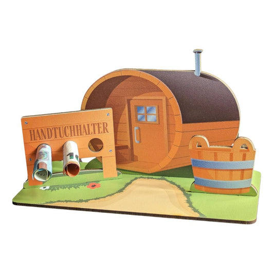 Sauna 3D-Holzkarte: Geschenkset-Gutscheinkarte für Wellnessurlaub