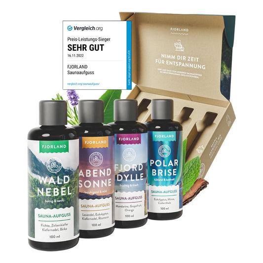 Fjorland BIO Ätherische-Saunadüfte Geschenkset (4x100ml) in hochwertiger Geschenkbox