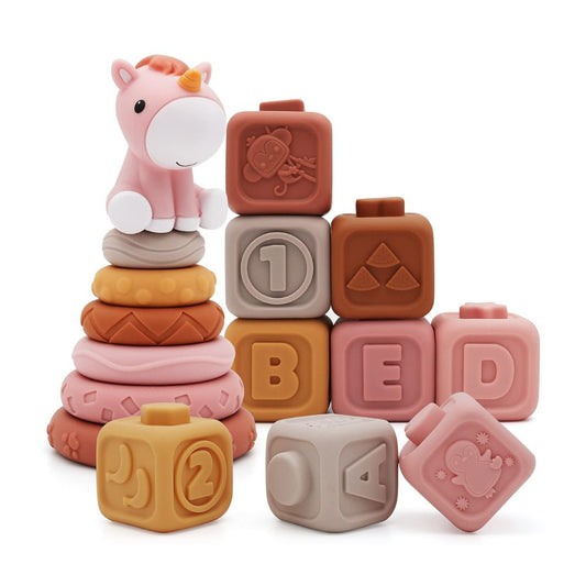 Babyspielzeug zum Zahnen (13-teilig): Baukreise und Blöcke, Stapeln & Verschachteln 