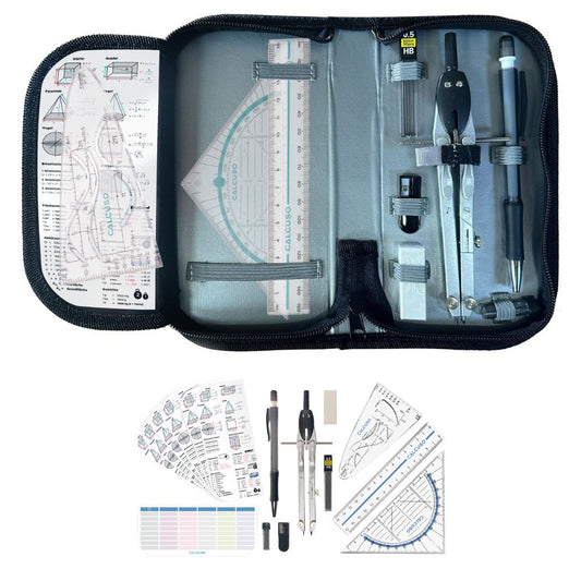 CALCUSO Geometrie-Set PRO in blauer Federmäppchen mit Zirkel und Geodreieck für die Schule