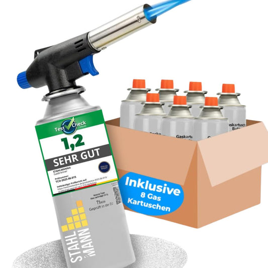 STAHLMANN® Gasbrenner mit Kartusche (8x227g): Flambierbrenner max. 1300°C Temperatur