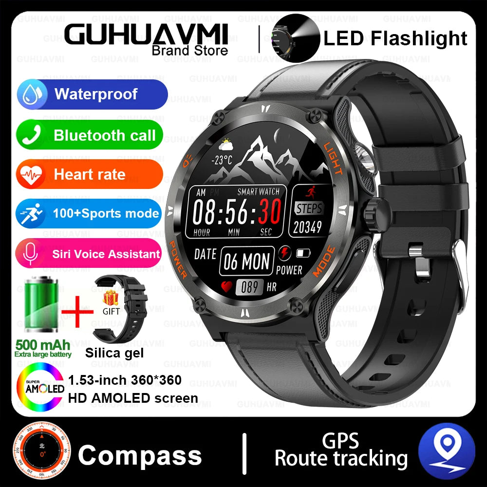 Outdoor LED-Flash Smartwatch für Herren | GPS, Kompass, BT 5.3 Anrufe, Health Assistent