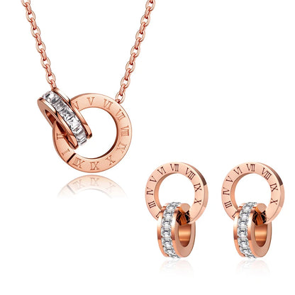 Römische Ziffern Halskette & Ohrringe Set für Damen - Hochglanz Schmuck - rosagold