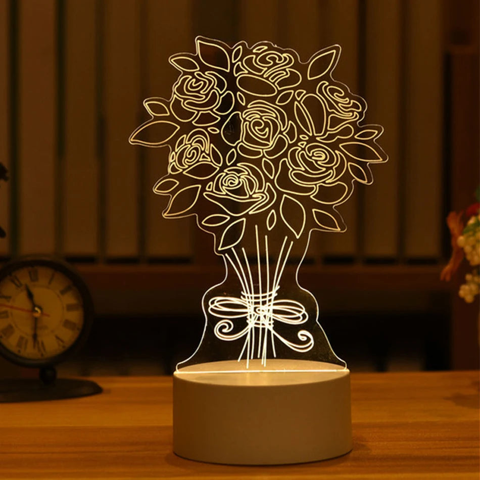 3D Acryl-USB-LED-Nachtlicht | Perfektes Geschenk: Warmweiß - Blumenstrauss