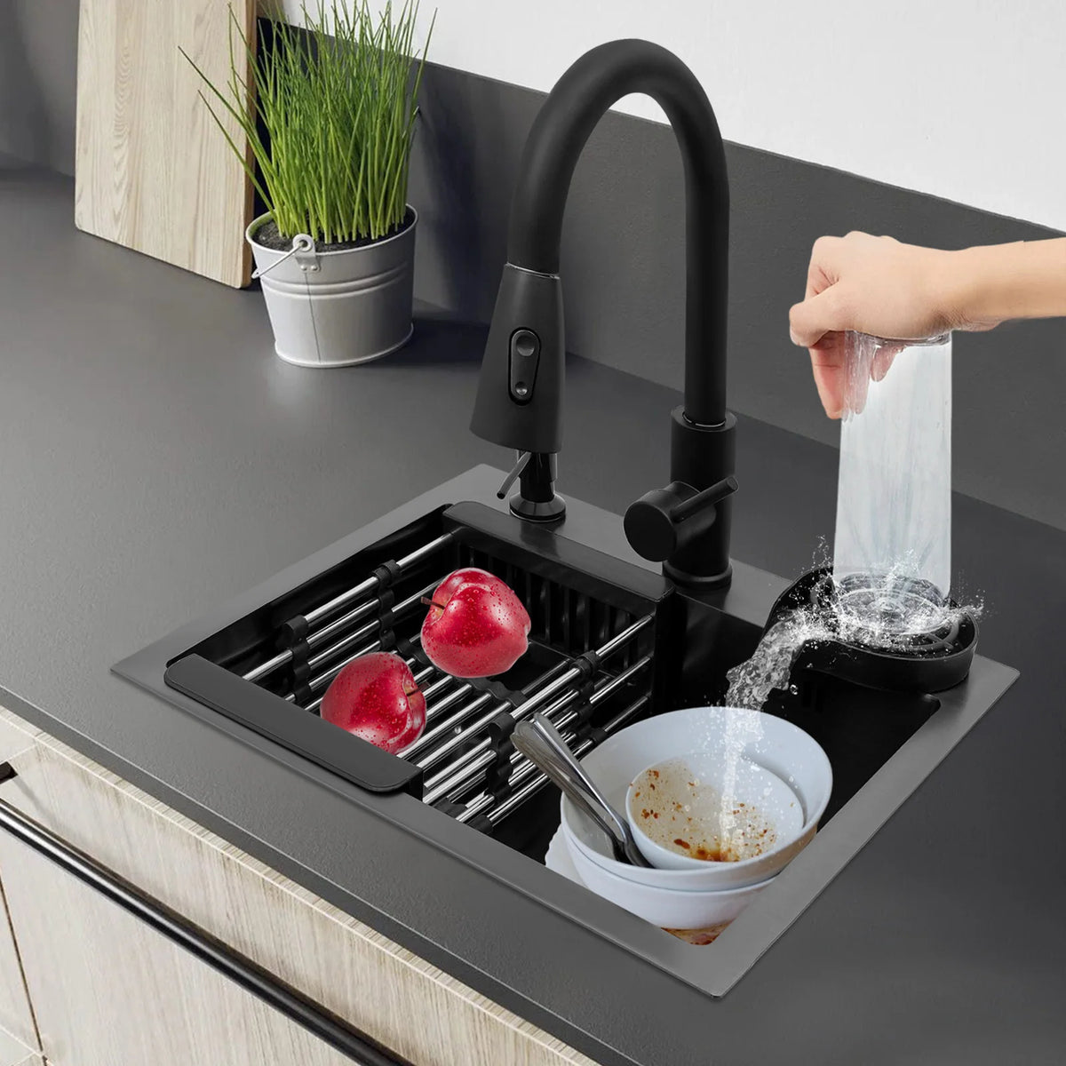 Küchenspüle aus Edelstahl 201, Schwarze Küchenspüle mit 360° ° Drehbarer Ausziehbarer Wasserhahn, Multifunktionales Kommerzielles Waschbecken