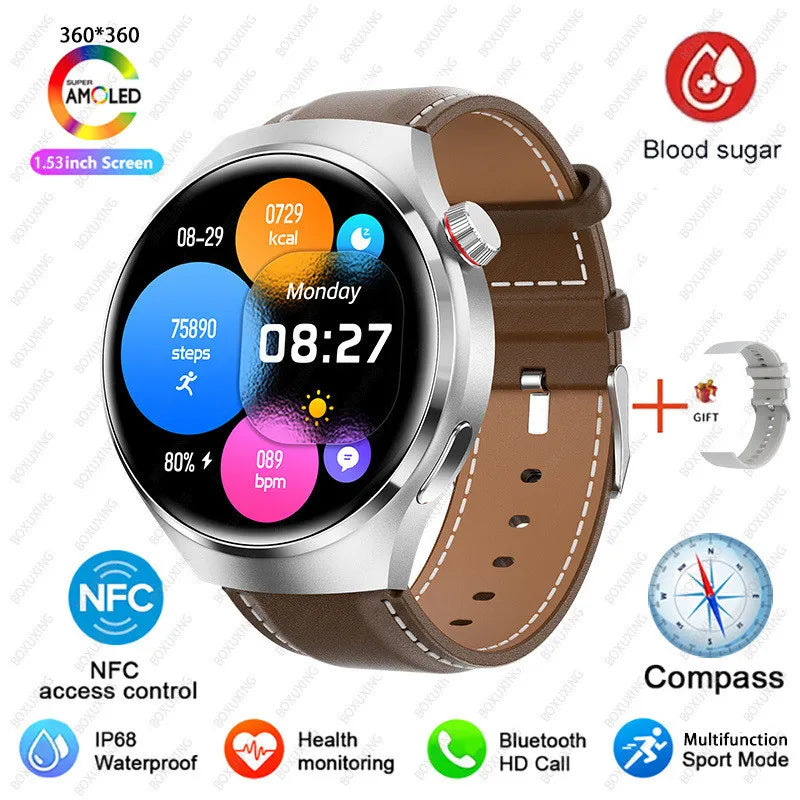 Watch 4 Pro NFC Smartwatch: AMOLED HD Display, Blood Sugar Monitoring, BT Call, IP68 Waterproof