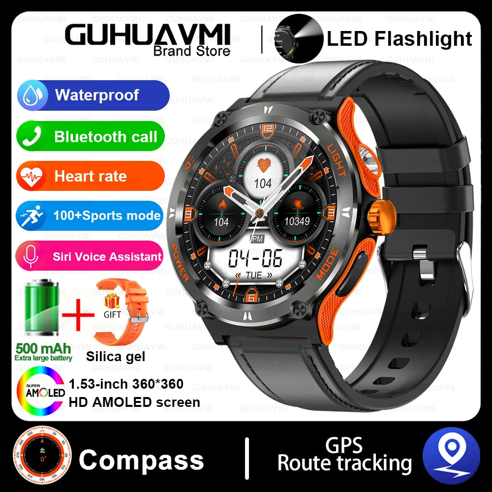 Outdoor LED-Flash Smartwatch für Herren | GPS, Kompass, BT 5.3 Anrufe, Health Assistent