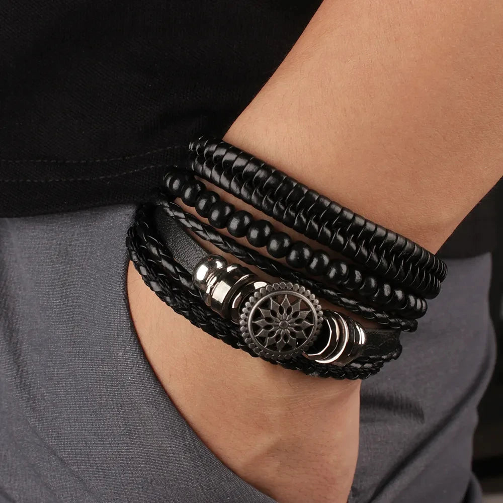 Vintage Ethno-Design Geflochtene Lederarmband für Männer mit Holzperlen