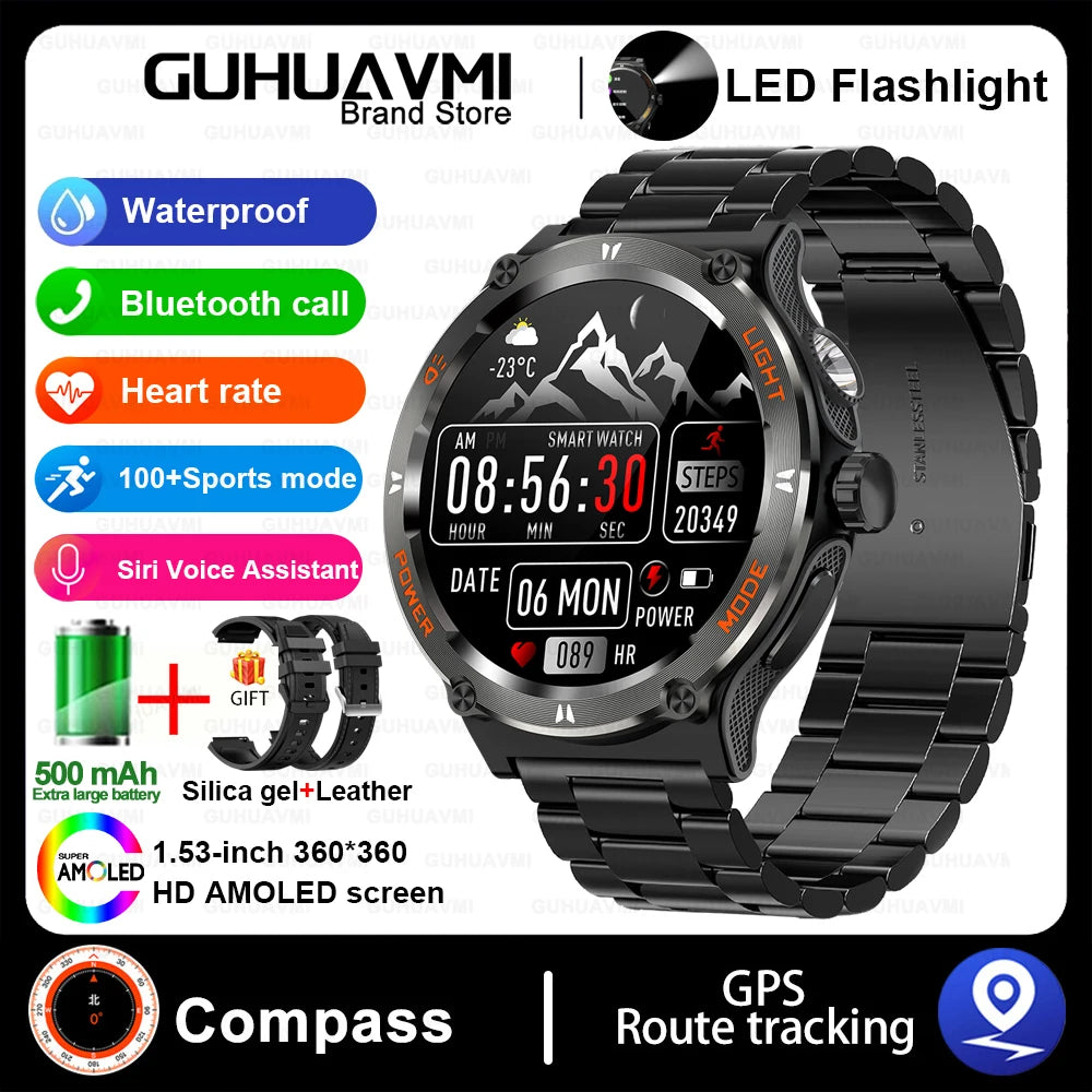 Outdoor LED-Flash Smartwatch für Herren | GPS, Kompass, BT 5.3 Anrufe, Health Assistent