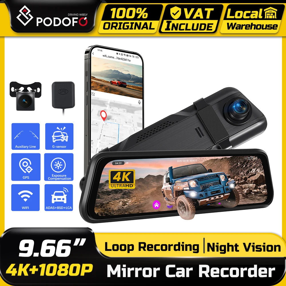 Podofo Auto-Spiegel-Videorekorder Nachtsicht ADAS+BSD Dashcam Front- und Rückkamera Spiegel WIFI Schleifenaufnahme Schwerkraftsensor GPS Parksensor