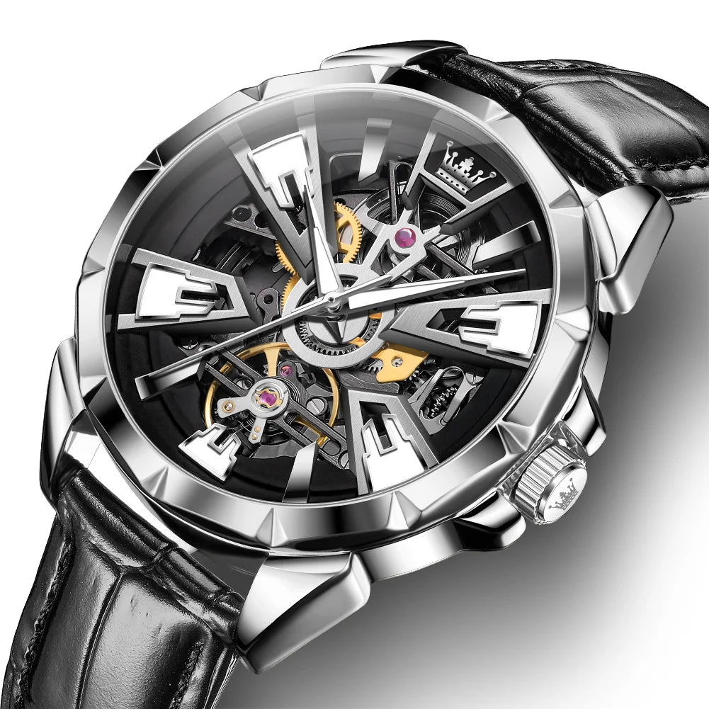 Tourbillon Automatik Mechanische Herrenuhr | Edelstahlgehäuse, Lederarmband, Leuchtzifferblatt, Wasserdicht (Silber-Schwarz)