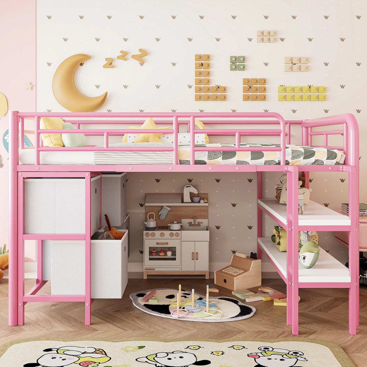 KOMHTOM Metallhochbett für Kinder 90x200 Cm mit Breiter Treppe Abgerundeten Ecken Stauraum Schubladen und Regalen